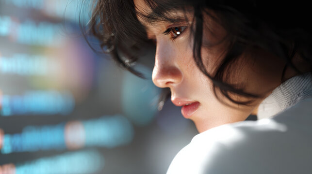 Pensive asian woman, developer, looking at screen with data and code, thinking about future technology and artificial intelligence