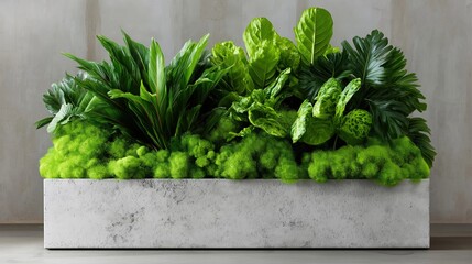 The image is of a rectangular planter box filled with various types of plants. the planter is made of concrete and is placed against a concrete wall.