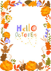 Autumn Leaves Border Frame With Space Text. Seasonal Flower, Maple Oak Tree Orange Leaves With Gourds for Holiday, Harvest Decoration. Vector Illustration