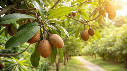 Sapodilla fruit hanging on tree in garden, also known as chikoo, grown in tropical regions, sweet and malty flavor, with green leaves