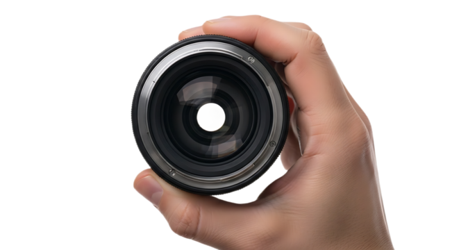 Human Hand Securely Holding a Modern Photographic Camera Lens