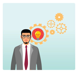 Human intelligence concept. A young good looking wearing glasses, smart hipster man with beard.