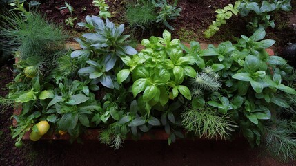 Close-up of a garden bed with various plants growing in it. the bed is made of red bricks and is filled with soil.