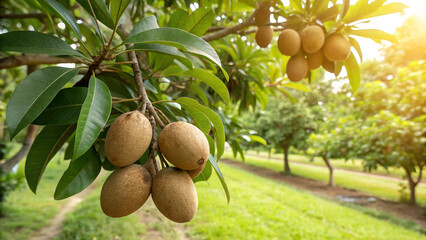 Sapodilla fruits hanging on the tree in the garden, also known as chikoo, sapote, or naseberry, with green leaves and sunlight