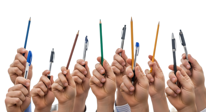 Many Hands Raised, Holding Pens and Pencils, Symbolizing Education