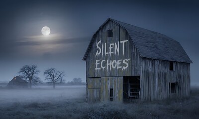 Obraz premium A haunted barn emerges from the mist on a spooky Halloween night, illuminated by the light of a full moon