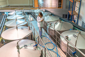 Woman working in beer factory inspecting brewing tanks