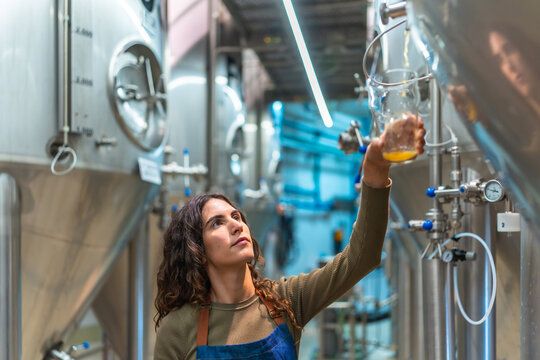 Woman brewer controlling beer quality in factory