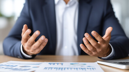Obraz premium Unrecognizable business coach explains data insights with hand gestures on desk, his passion visible as he shares complex information to increase value