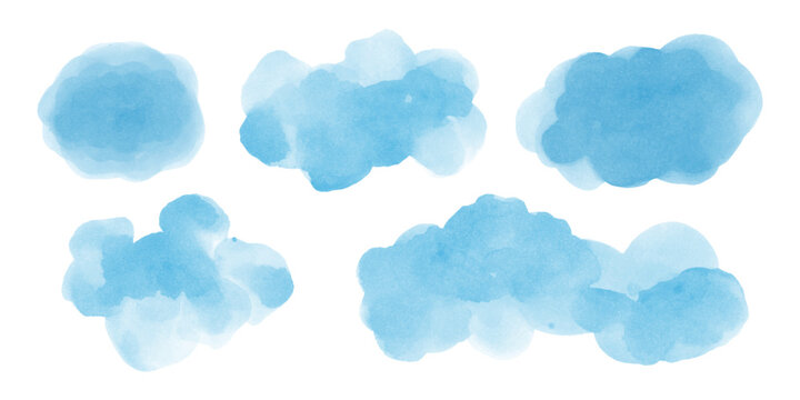 Blue watercolor abstract background, form, design element. Abstract clouds, sea, water, snow, snowdrifts textures. Frame, place for text. Soft blue gradient. Grainy noisy texture