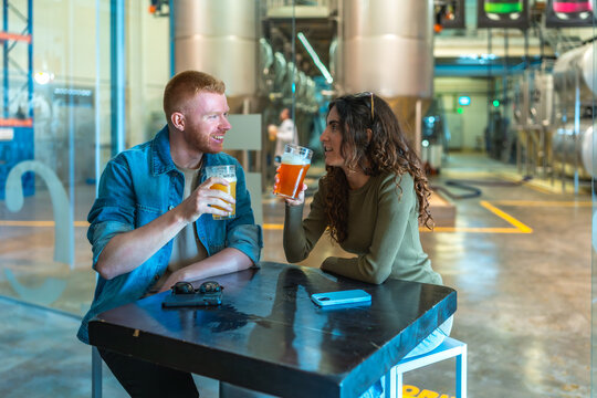 Couple enjoying beer tasting at brewery factory