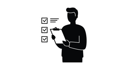 Silhouette of a person holding a clipboard with a checklist and checked boxes in a clean and minimalist style
