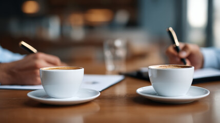 Two cups of coffee sit on table as colleagues converse, projecting collaborative, inviting atmosphere perfect for networking and creative exchange