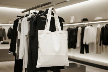 White Tote Bag Mockup Hanging in Modern Store Interior for Branding and Product Design