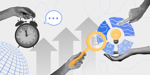 A trendy halftone collage. Business collaboration and strategy, time management, delegation, task completion, efficiency. Concepts of planning, schedule management, productivity