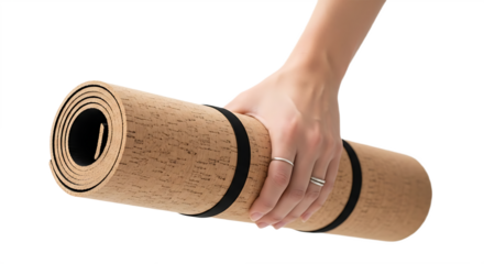 Womans Hand Holding a Rolled Cork Yoga Mat on White Background
