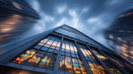 Striking low-angle of a modern skyscraper with financial graph reflections, set against a motion-blurred sky, symbolizing global business and technology.