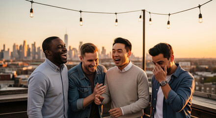 Cinematic lifestyle portrait of four diverse male friends laughing on a city rooftop at sunset
