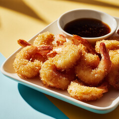 Fried shrimp with sauce on a white plate