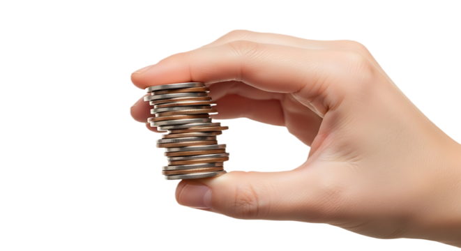 Close up of a Hand Carefully Holding a Wobbly Stack of Various Metal Coins