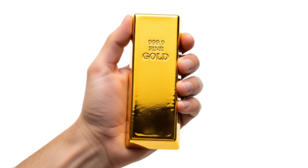 Close up of a Hand Firmly Grasping a Polished Gold Bar, Symbolizing Wealth