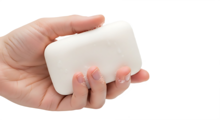Close up of a Hand Holding a Bar of White Soap with Delicate Bubbles
