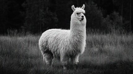 Fototapeta premium Monochrome llama standing in field portrait of a south american animal