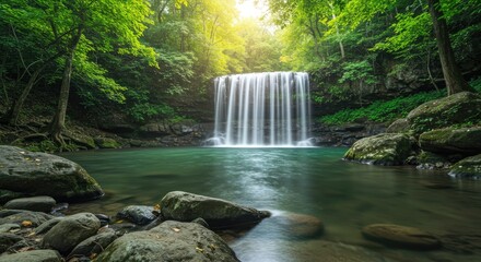 Lush green forest setting with a tranquil waterfall cascading into a crystal-clear pool.