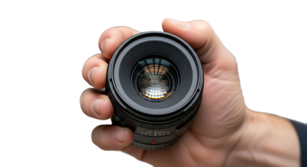 Close up of a Hand Holding a Black Camera Lens, Reflecting Light