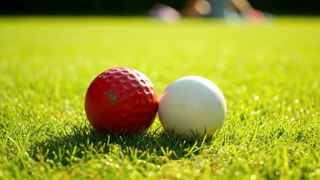 Red and white game balls rest together on vibrant green grass during a sunny day highlighting outdoor recreational sport activity