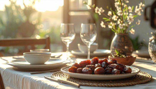 Traditional Iftar meal setup with a plate of sweet dates on a beautifully set dining table during the golden hour of sunset
