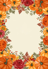 Fototapeta premium Rich watercolor autumn border with orange pumpkins, fall flowers, berries, and foliage on a cream background