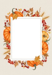 Watercolor fall frame with pumpkins, red berries, and autumn foliage on a beige background