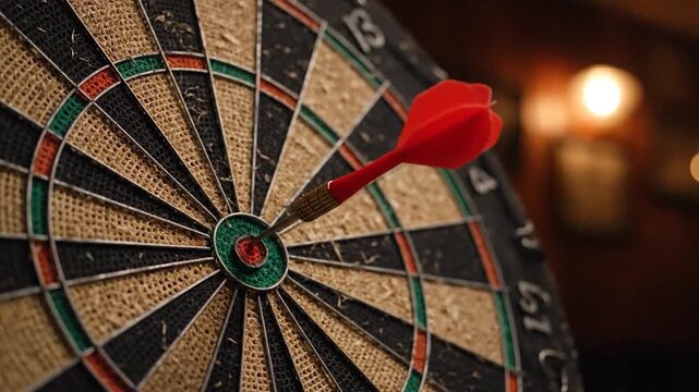 Red dart bullseye on traditional dartboard perfect aim precision game target goal success