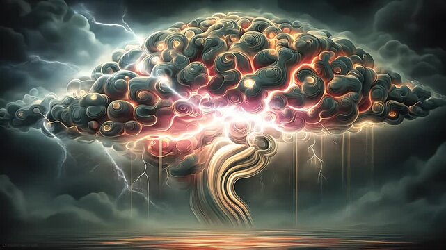 Abstract representation of a stormy, luminous brain-like cloud formation over water