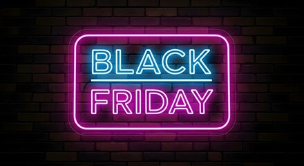 Fototapeta premium Neon sign with the text black friday glowing in blue and pink against a dark brick wall, representing a sale event