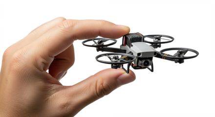 Close up of a Hand Holding a Small, Modern Camera Drone with Propeller Guards