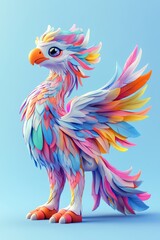 Obraz premium A stunning fantasy creature with colorful feathers and vibrant wings stands against a soft backdrop. Its big expressive eyes add a charming touch.
