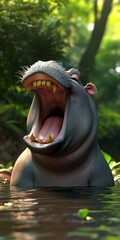 Obraz premium A cheerful hippo yawning joyfully in a vibrant jungle setting, surrounded by lush greenery and reflecting a tranquil water environment.