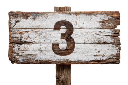 Weathered wooden sign with number three