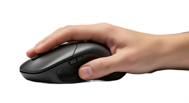 Close up of a Human Hand Gripping an Ergonomic Black Computer Mouse
