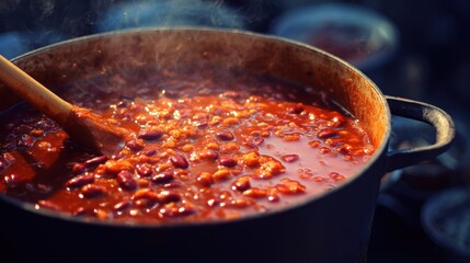 Chili Competition. Cooking Championship with Heated Chili Bean Soup in Pot
