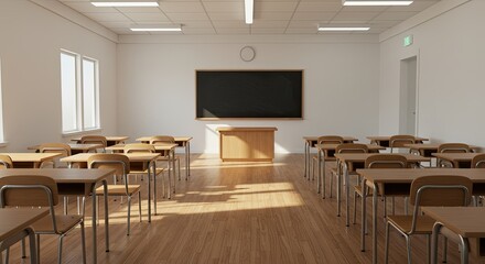 An empty classroom, filled with light and wood tones, displays a calm and peaceful ambiance.