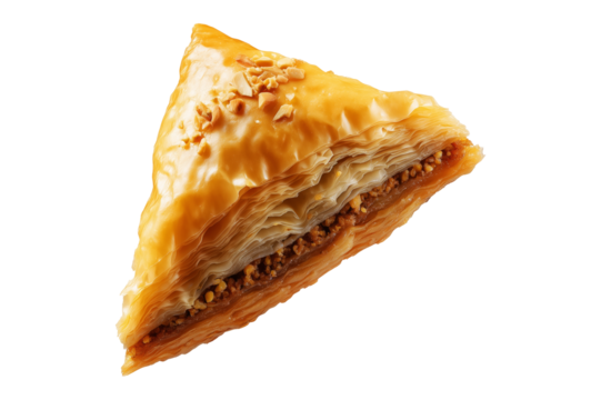 Traditional Turkish baklava filled with pistachios and syrup, cut square triangle isolated on white transparent background, symbolizing sweet cuisine