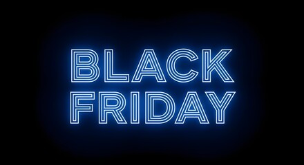 Glowing blue neon sign that says black friday in capital letters against a black background, symbolizing sales and discounts