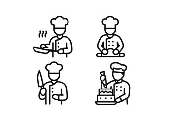 Fototapeta premium Vector Chef icons: cooking, baking, chopping, and garnishing in line art style
