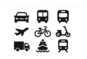 Vector Transportation icons set featuring car, plane, bicycle, ship, bus, scooter, train, truck
