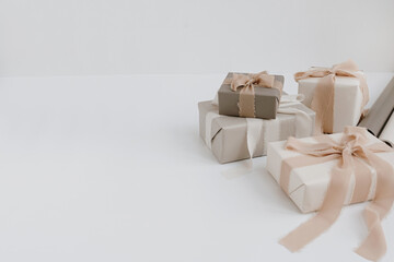 Gift box packaging concept. Holiday celebration composition. Elegant decorated Christmas, New Year gifts