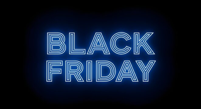 Glowing blue neon sign that says black friday in capital letters against a black background, symbolizing sales and discounts