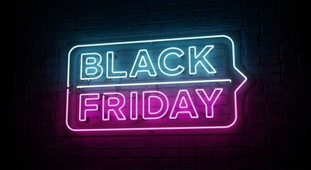Black friday neon sign glowing in the dark, representing shopping sales and discounts during the holiday season